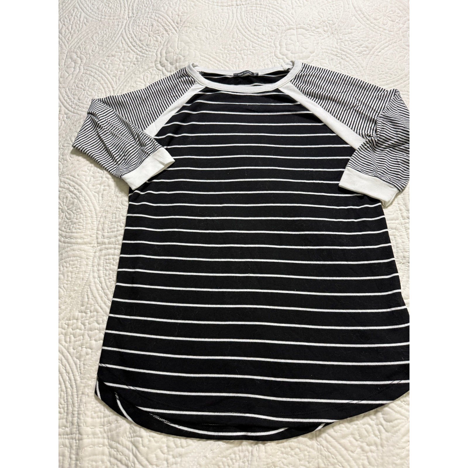 Pink Clover Raglan Top Womens Medium Black White Striped 3/4 Sleeve 14006st